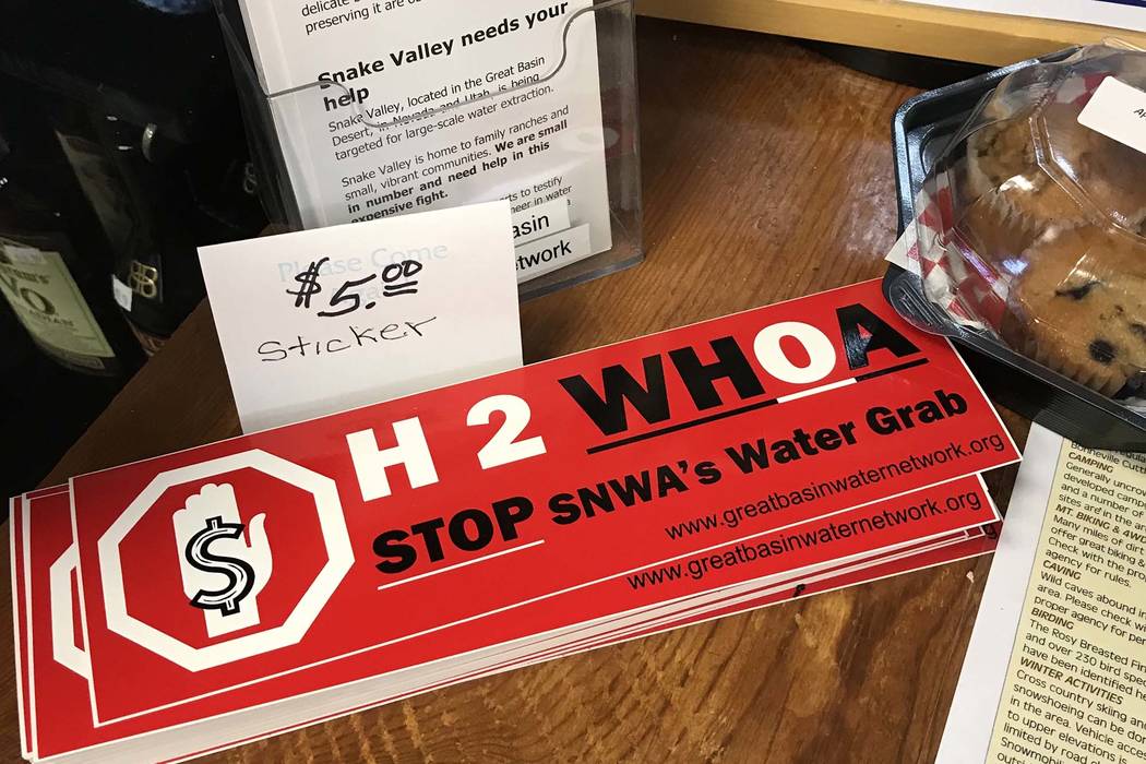 A convenience store in the tiny White Pine County town of Baker sells anti-pipeline bumper stickers on Sept. 1. (Henry Brean/Las Vegas Review-Journal)