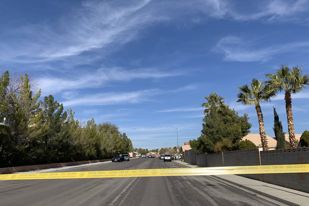 Las Vegas police investigate a shooting on the 9200 block of Starcross Lane in the south valley on Friday, February 1, 2019. (Jessica Terrones/Las Vegas Review-Journal) @JessATerrones
