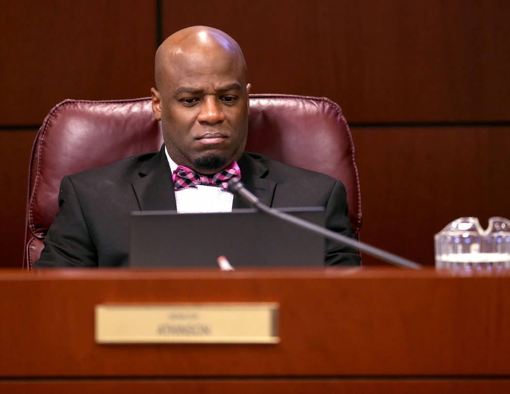 Sen. Kelvin Atkinson, D-North Las Vegas, watches a presentation during a Finance Committee meeting in the Legislative Building in Carson City Wednesday, Feb. 6, 2019. (K.M. Cannon/Las Vegas Review ...