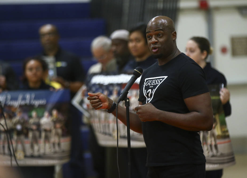 Sen. Kelvin Atkinson, D-North Las Vegas, speaks during a vigil held by Metropolitan Police Department's Bolden Area Command at Doolittle Community Center in Las Vegas on Tuesday, Oct. 3, 2017. A g ...