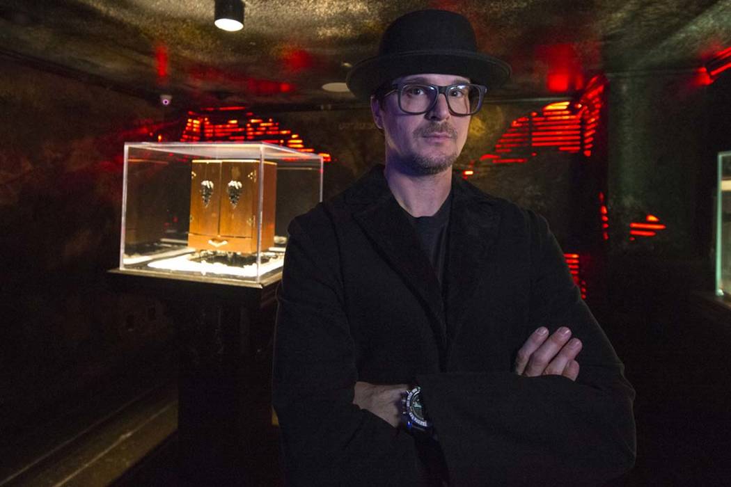 Ghost hunter Zak Bagans poses with his Dybbuk Box, known as the world's most haunted object, at Zak Bagans' The Haunted Museum located at 600 E. Charleston Blvd. in downtown Las Vegas on Monday, O ...