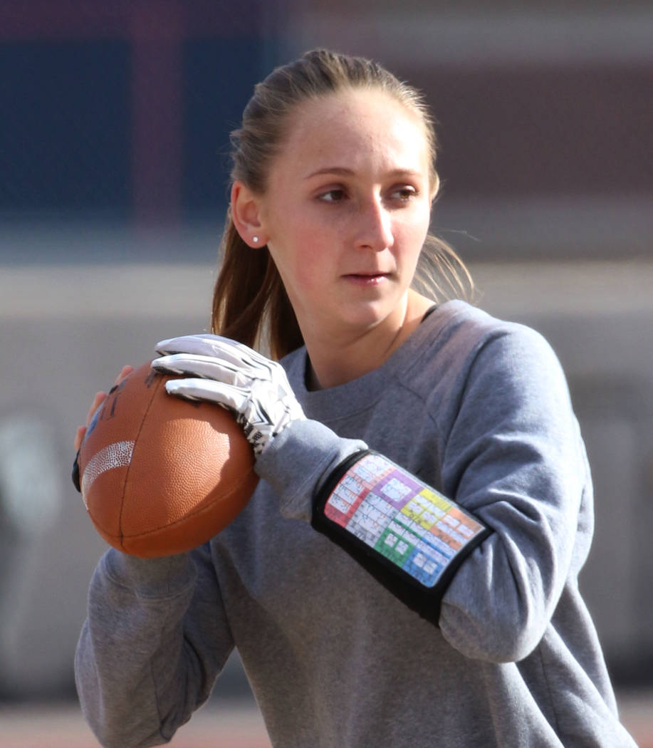 Coronado freshman flag football quarterback Ashtyn Almeido prepares to throw the ball during team practice on Wednesday, Feb. 6, 2019, at Coronado High School in Henderson. (Bizuayehu Tesfaye/Las ...