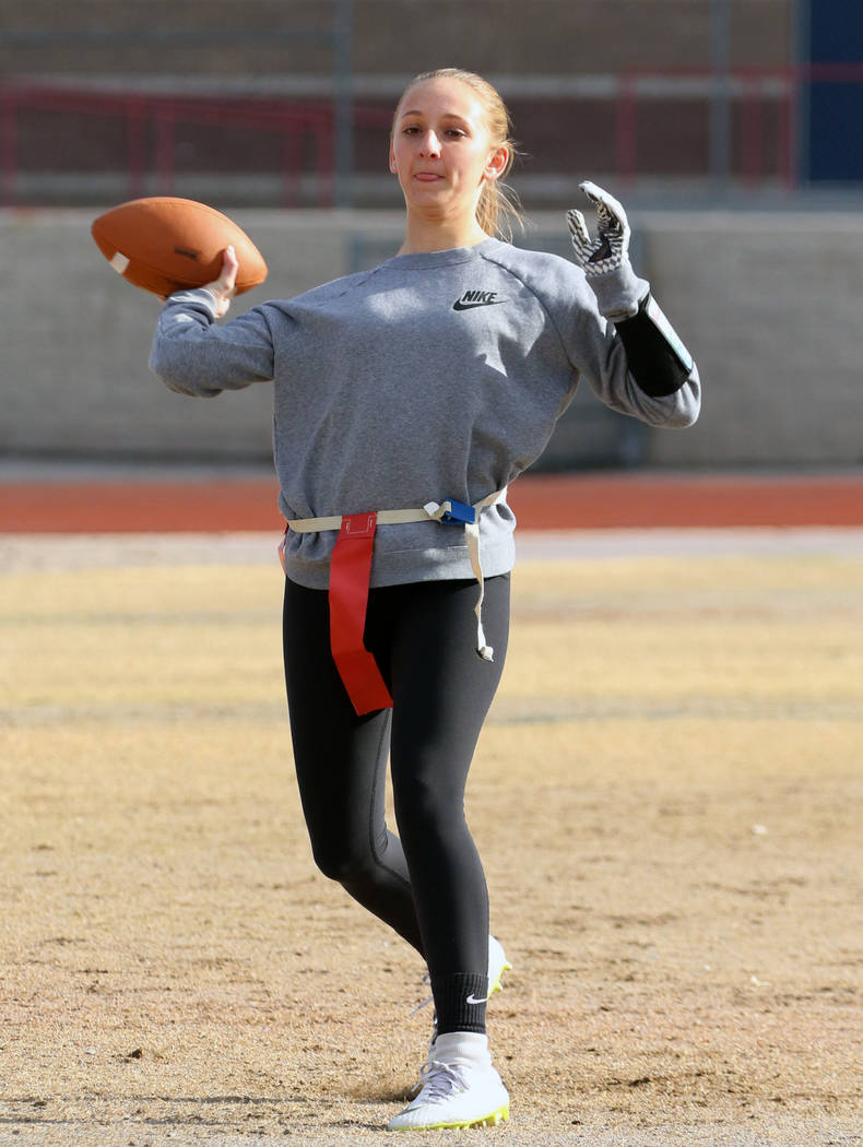Coronado freshman flag football quarterback Ashtyn Almeido throws the ball during team practice on Wednesday, Feb. 6, 2019, at Coronado High School in Henderson. (Bizuayehu Tesfaye/Las Vegas Revie ...
