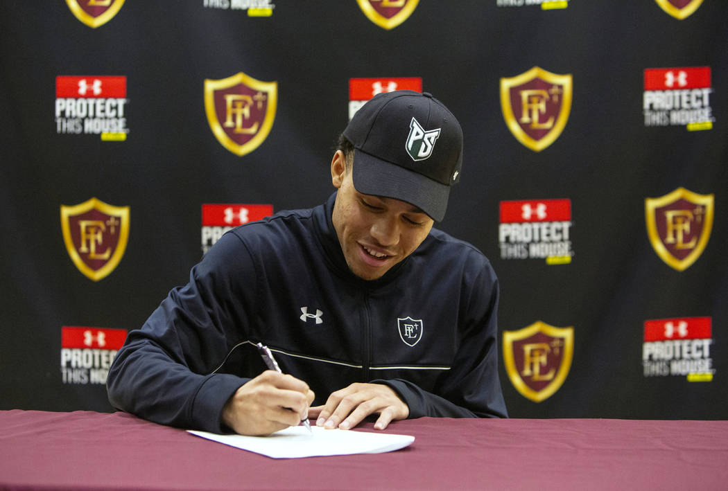 Faith Lutheran High School senior Greg Oliver signs his national letter of intent to Portland State University at Faith Lutheran High School in Las Vegas, Wednesday, Feb. 6, 2019. Caroline Brehman ...