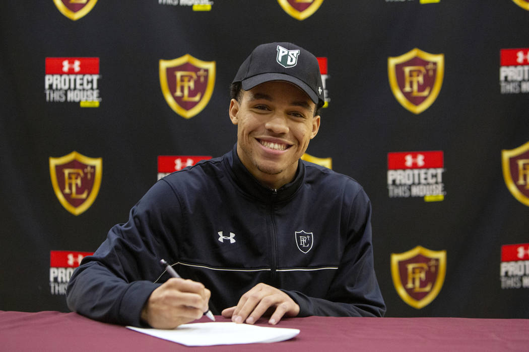 Faith Lutheran High School senior Greg Oliver poses after signing his national letter of intent to Portland State University at Faith Lutheran High School in Las Vegas, Wednesday, Feb. 6, 2019. Ca ...