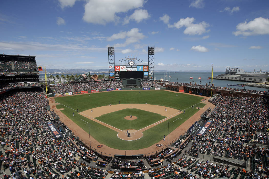 This June 15, 2016, file photo shows AT&T Park from an overhead view as the San Francisco Giants play the Milwaukee Brewers during a baseball game in San Francisco. (AP Photo/Marcio Jose Sanchez, ...