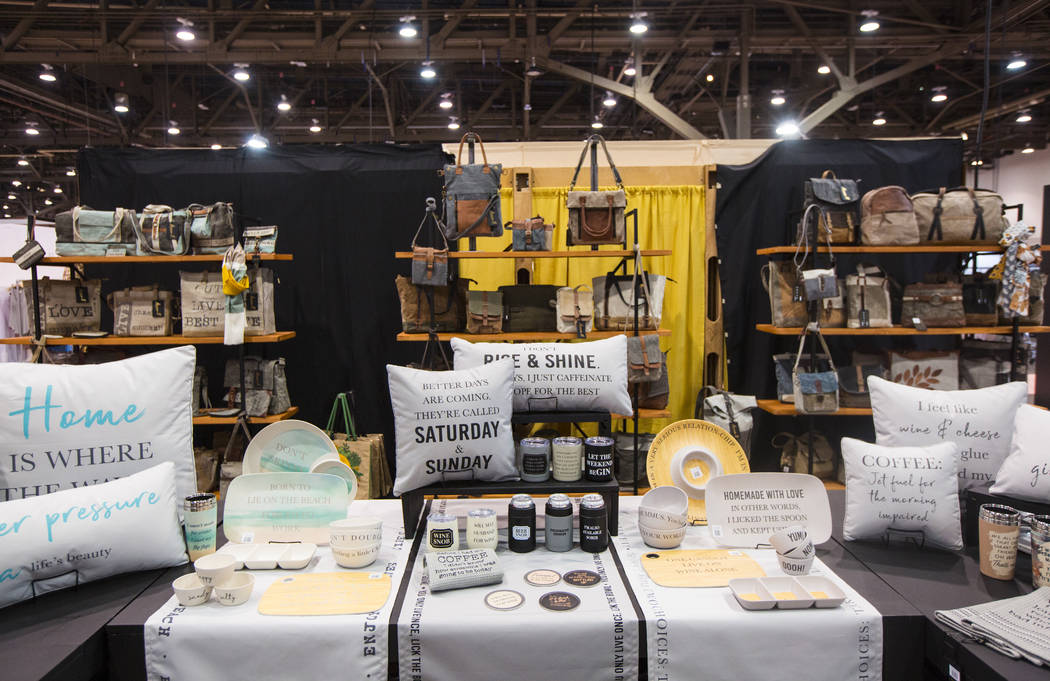 A variety of items on display by sustainable lifestyle brand Mona B during WWDMAGIC, part of the MAGIC trade show, at the Las Vegas Convention Center in Las Vegas on Tuesday, Feb. 5, 2019. (Chase ...