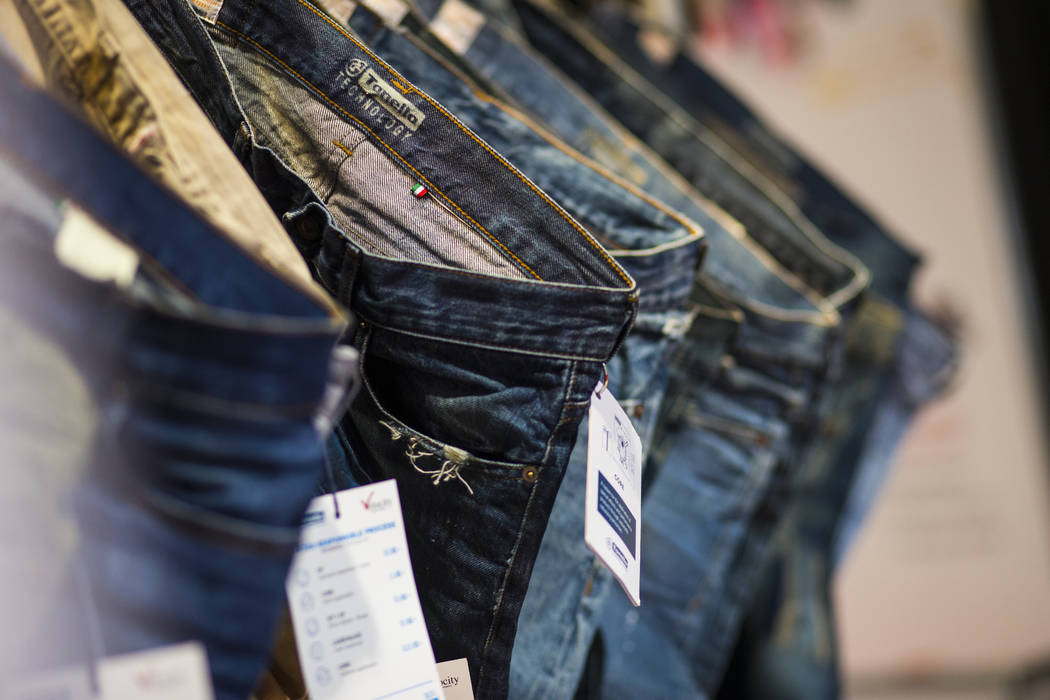 Jeans made using sustainable garment treatment by Tonello and Velocity Apparelz on display during the Sourcing at MAGIC trade show at the Las Vegas Convention Center in Las Vegas on Wednesday, Feb ...