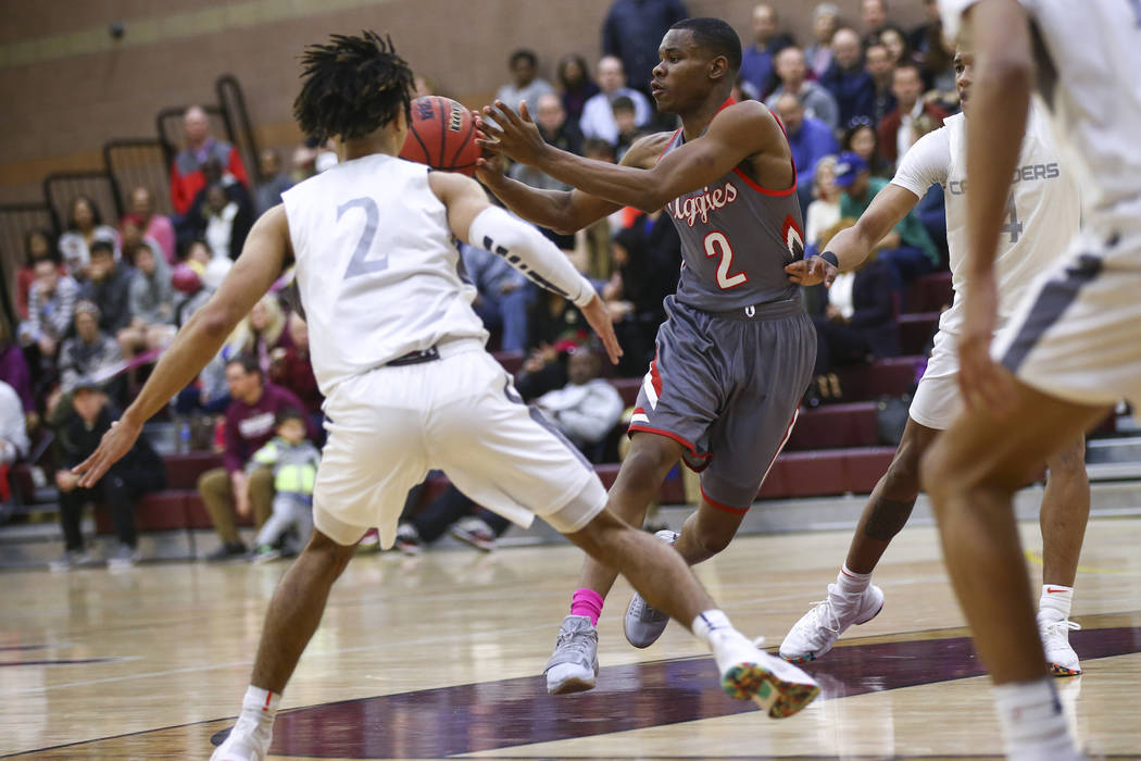 Arbor View's Favor Chukwukelu (2) passes the ball during the first half of a basketball game at Faith Lutheran High School in Las Vegas on Thursday, Jan. 31, 2019. (Chase Stevens/Las Vegas Review- ...