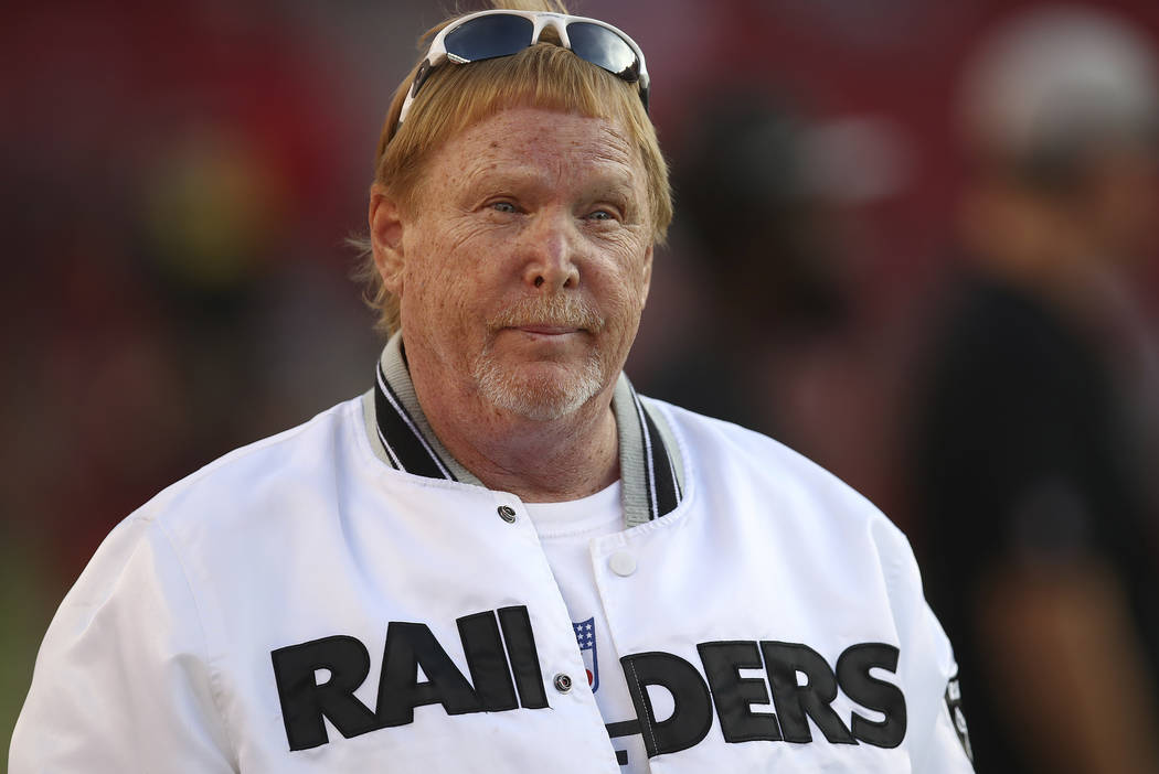 Oakland Raiders owner Mark Davis watches warm ups before an NFL football game against the San Francisco 49ers in Santa Clara, Calif., Thursday, Nov. 1, 2018. (AP Photo/Ben Margot)