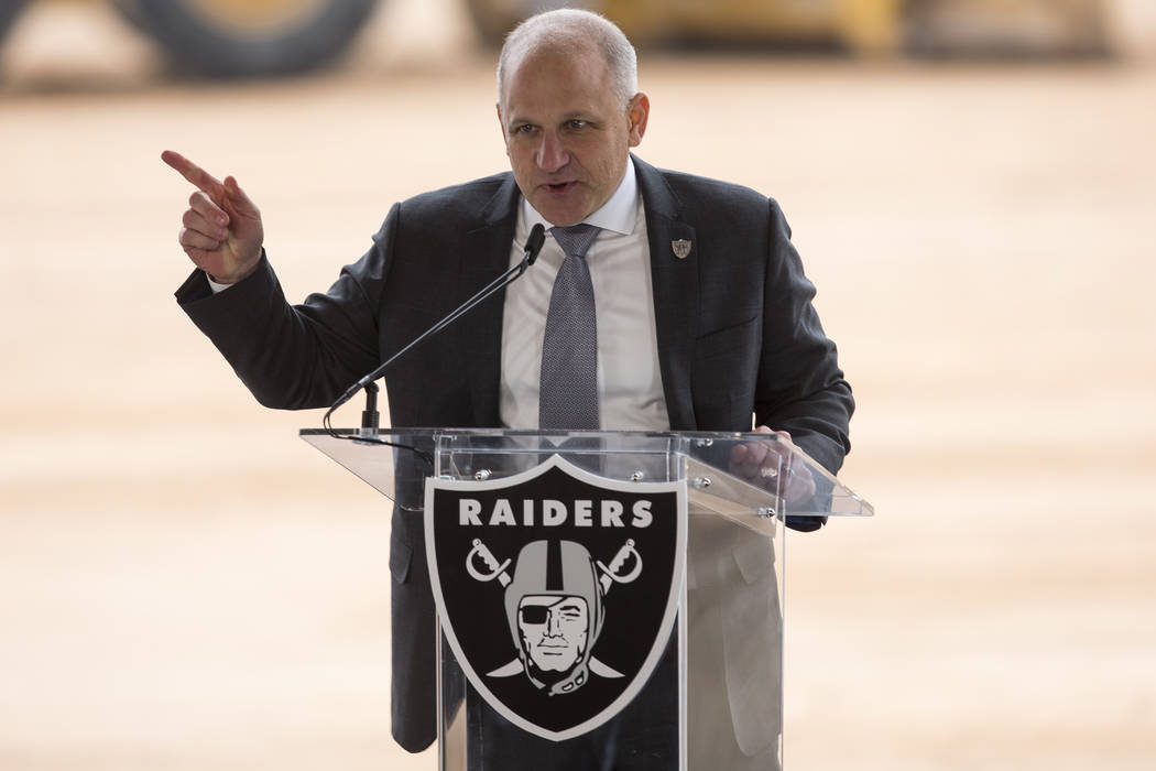 Raiders President Marc Badain on stage during a groundbreaking ceremony for the new Raiders Headquarters in Henderson on Monday, Jan. 14, 2019. Richard Brian Las Vegas Review-Journal @vegasphotograph