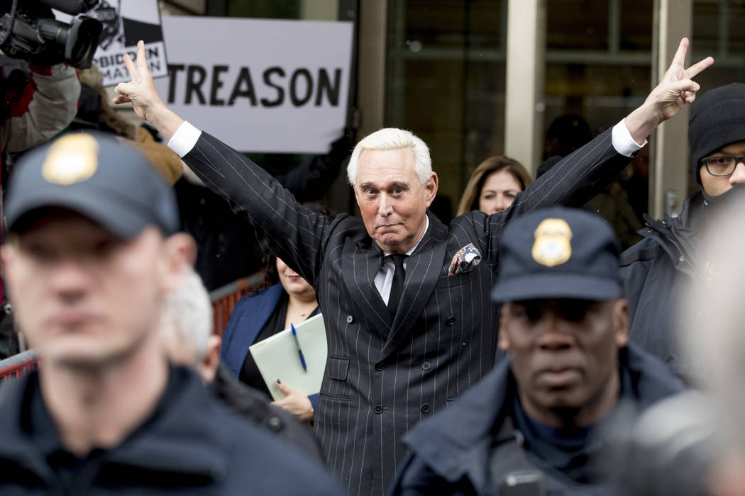 Roger Stone leaves federal court Friday, Feb. 1, 2019, in Washington. Stone appeared for a status conference just three days after he pleaded not guilty to felony charges of witness tampering, obs ...