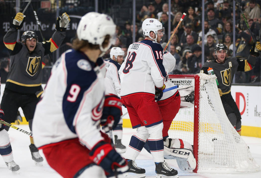 Vegas Golden Knights defenseman Nate Schmidt (88) scores against the Columbus Blue Jackets during the first period of an NHL hockey game at T-Mobile Arena in Las Vegas, Saturday, Feb. 9, 2019. Car ...