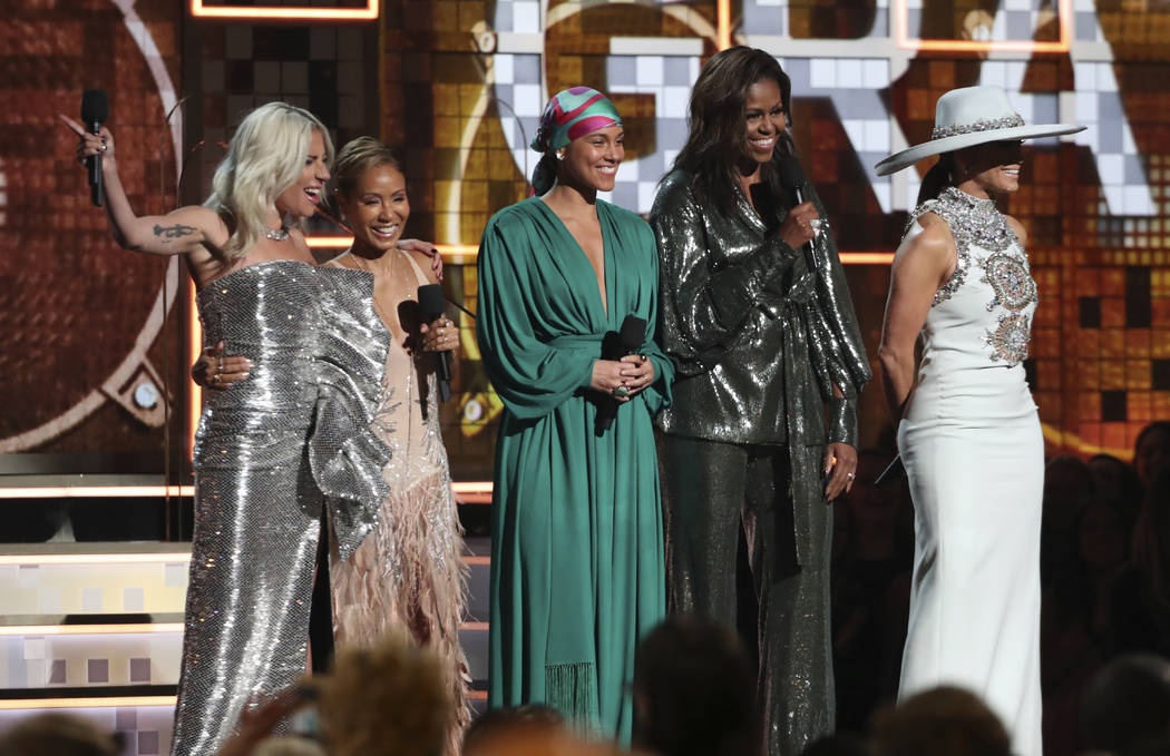 Lady Gaga, from left, Jada Pinkett Smith, Alicia Keys, Michelle Obama and Jennifer Lopez speak at the 61st annual Grammy Awards on Sunday, Feb. 10, 2019, in Los Angeles. (Photo by Matt Sayles/Invi ...