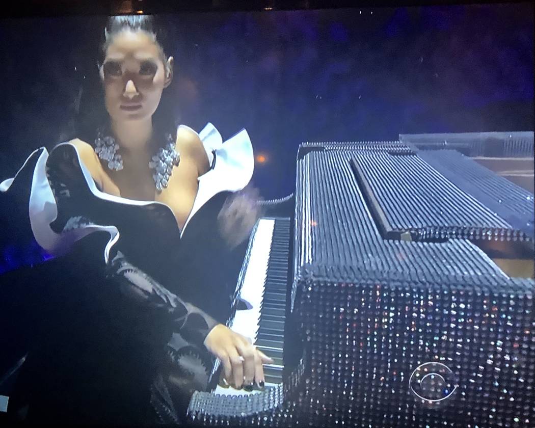 A screen grab of Chloe Flower playing Liberace's rhinestone Baldwin during CBS's Grammy Awards telecast on Sunday, Feb. 10, 2019. John Katsilometes/Las Vegas Review-Journal @Johnny Kats