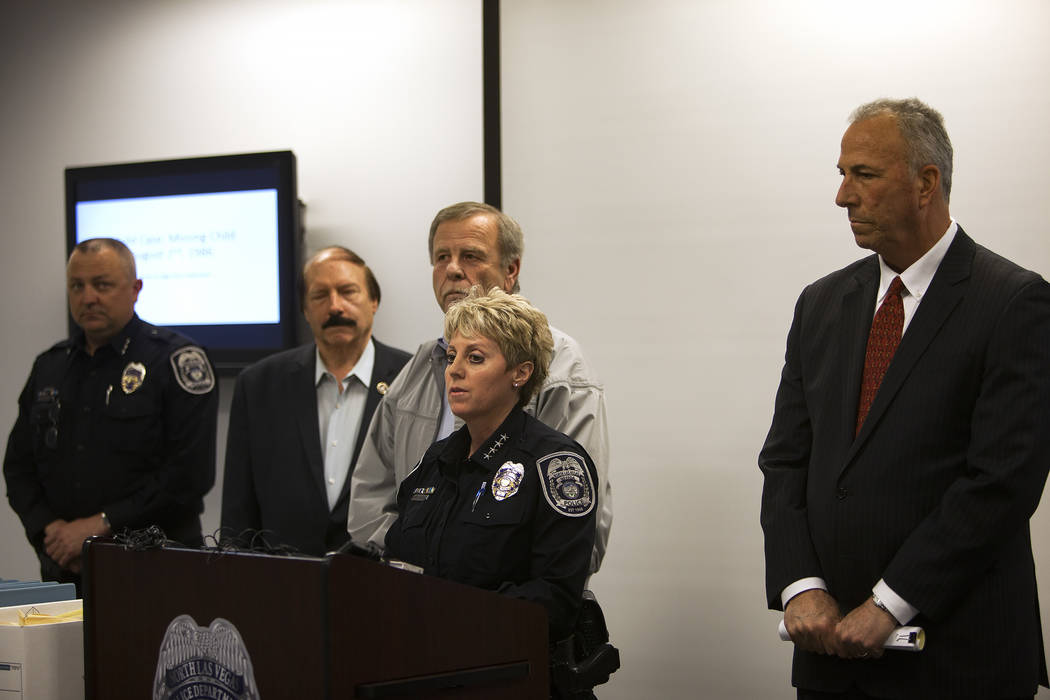 North Las Vegas Police Department Chief Pamela Ojeda, flanked by former North Las Vegas detective Bob King, left, and District Attorney Steve Wolfson, right, discusses new discoveries in the case ...
