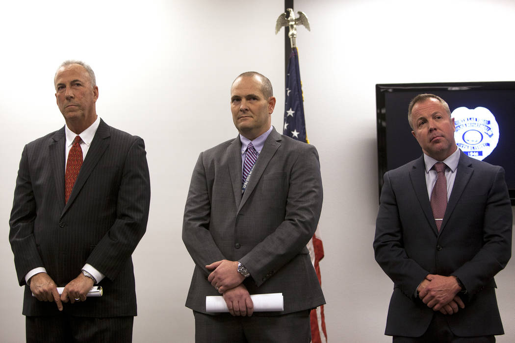 District Attorney Steve Wolfson, from left, Detective Steven Wiese, and Detective Sean Sprague, at the North Las Vegas Detective Bureau in North Las Vegas, Monday, Feb. 11, 2019. Officials gathere ...