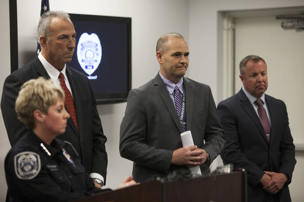 North Las Vegas Police Department Chief Pamela Ojeda, from left, District Attorney Steve Wolfson, Detective Steven Wiese, and Detective Sean Sprague discuss new discoveries in the case of the disa ...
