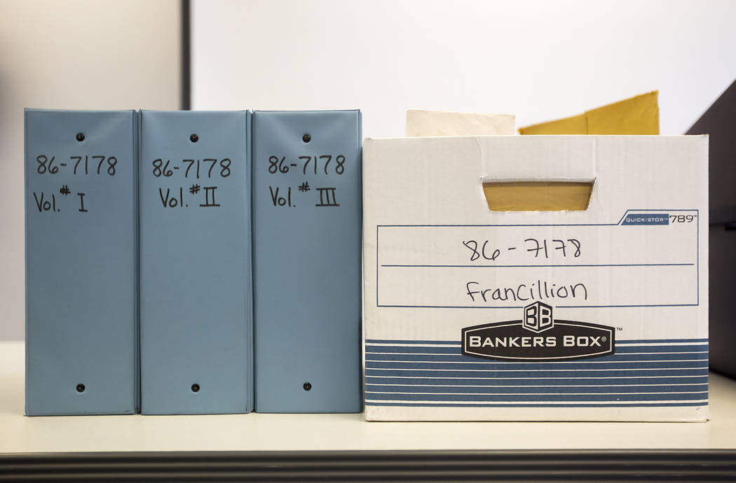 The case file for 3-year-old Francillon Pierre, who vanished in 1986, at the North Las Vegas Detective Bureau in North Las Vegas, Monday, Feb. 11, 2019. (Rachel Aston/Las Vegas Review-Journal) @ro ...
