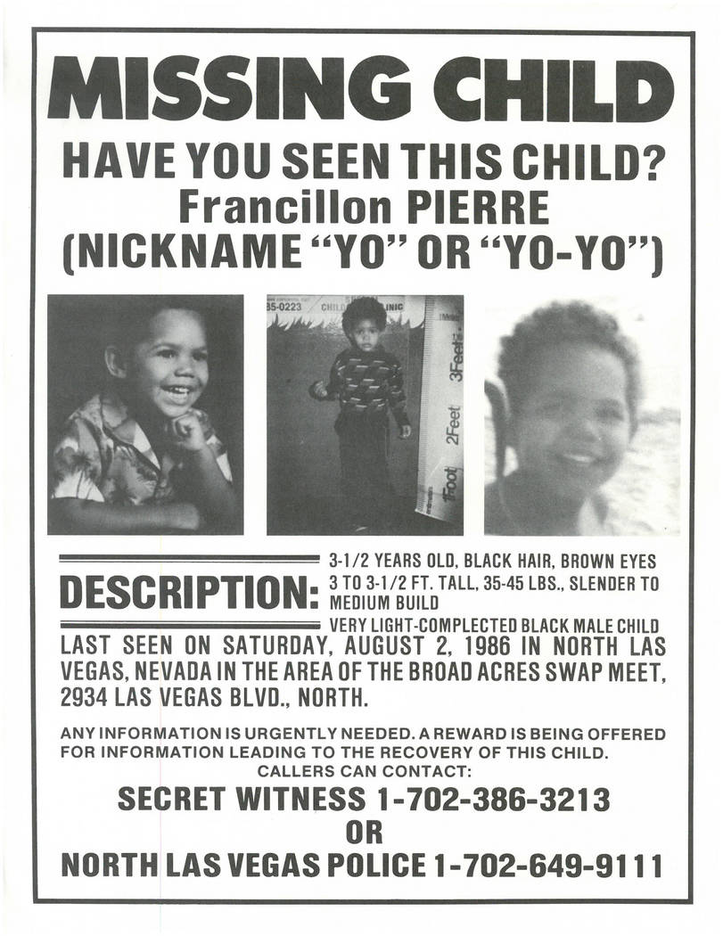 A missing-child poster for Francillon Pierre, 3, who went missing Aug. 2, 1986, in North Las Vegas.