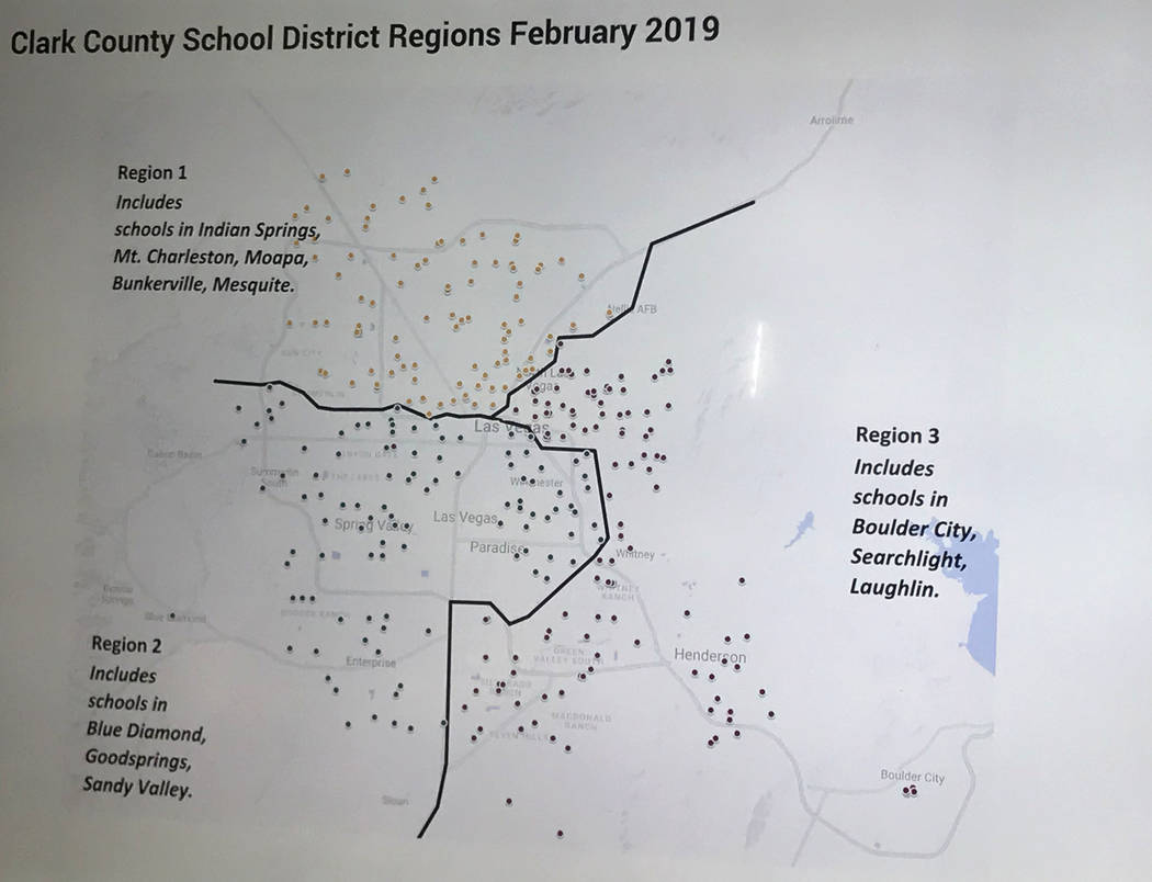 A map released on Monday, Feb.11, 2019, shows the Clark County School District will be broken up into three regions under new Superintendent Jesus Jara. (Amelia Pak-Harvey/Las Vegas Review-Journal)