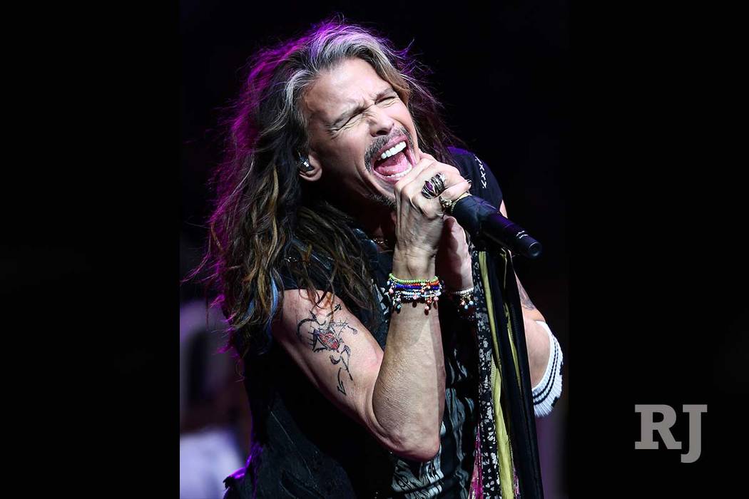 Steven Tyler of Aerosmith performs at the start of the fourth day of the Professional Bull Riders World Finals at the T-Mobile Arena in Las Vegas on Saturday, Nov. 5, 2016. (Chase Stevens/Las Vega ...