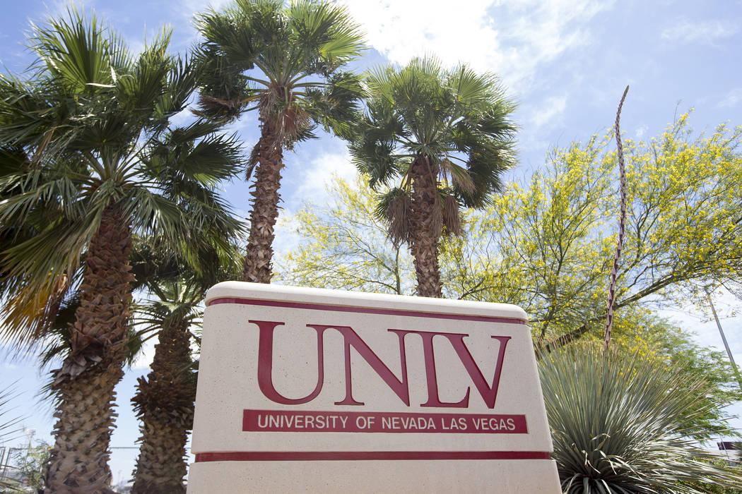 A UNLV sign at the intersection of Harmon Avenue and Swenson Street in 2017 in Las Vegas. (Las Vegas Review-Journal)