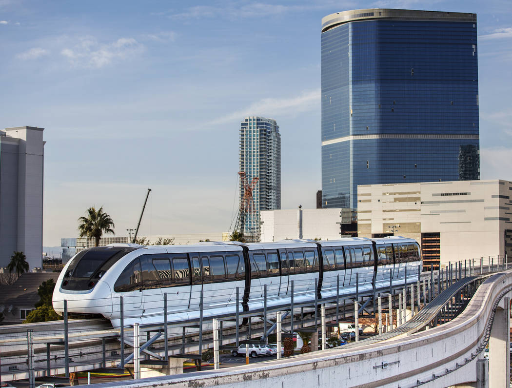A southbound monorail approaches Convention Center Station on Tuesday, Feb. 12, 2019, in Las Vegas. (Benjamin Hager/Las Vegas Review-Journal) @BenjaminHphoto