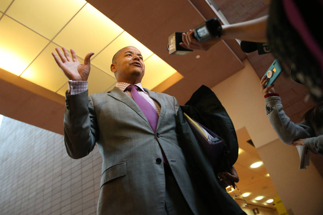 Malcolm LaVergne, attorney for Patricia and Marcel Chappuis, not pictured, speaks to the press following a court hearing for his clients at the Regional Justice Center in Las Vegas, Thursday, Feb. ...