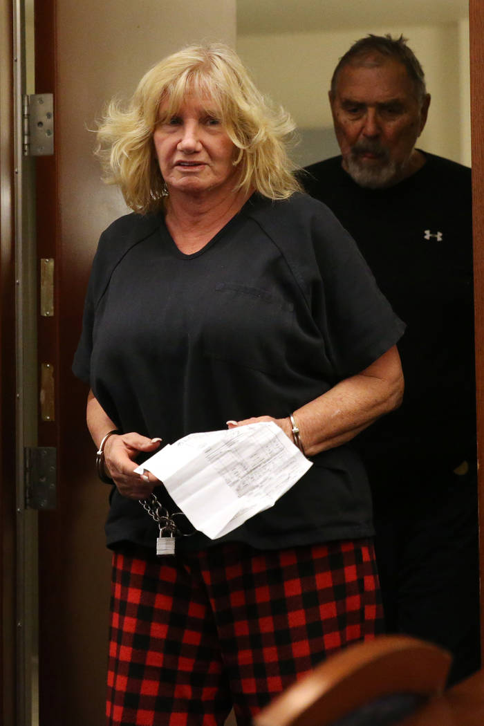 Patricia Chappuis, center, followed by her husband Marcel, appear in court for a court hearing at the Regional Justice Center in Las Vegas, Thursday, Feb. 14, 2019. Marcel Chappuis and his wife, P ...