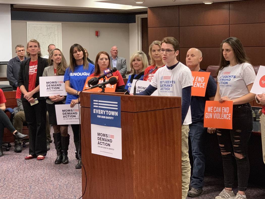 Bennet Gardner, 17, a senior at Palo Verde High School in Las Vegas and a Students Demand Action volunteer, addresses supporters of expanded background checks at the Legislature Tuesday: “I’m ...