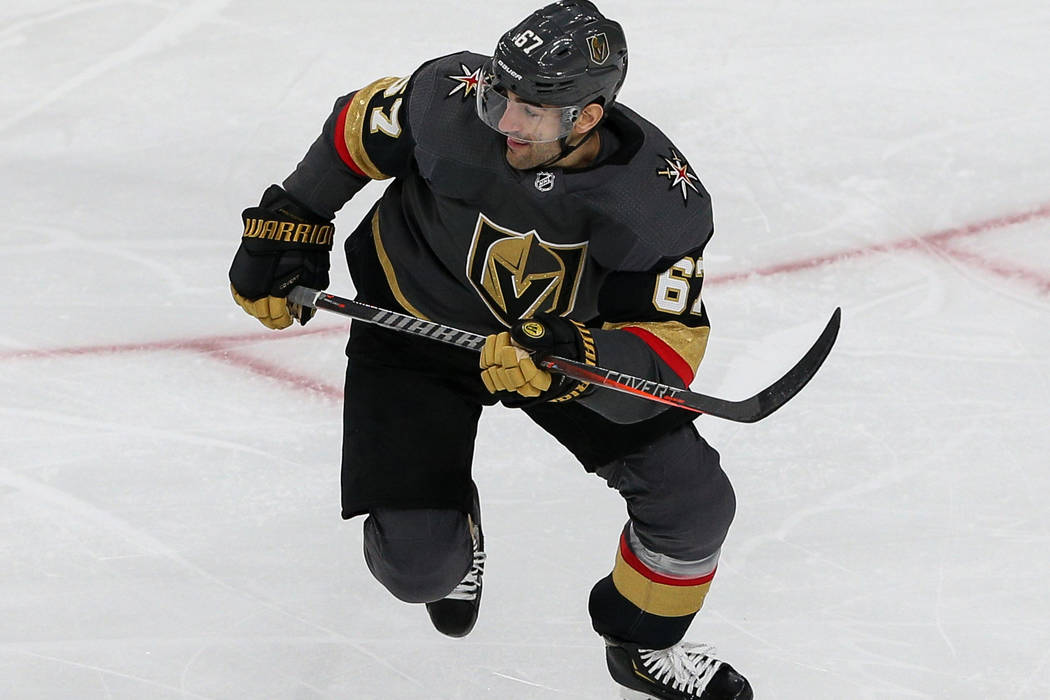Vegas Golden Knights left wing Max Pacioretty (67) skates towards the puck during the second period of an NHL hockey game at T-Mobile Arena in Las Vegas, Thursday, Feb. 14, 2019. (Caroline Brehman ...