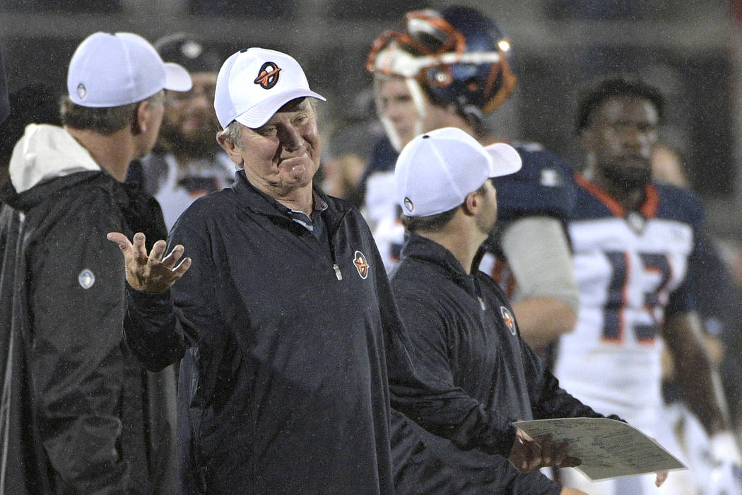Orlando Apollos coach Steve Spurrier reacts after a play during the second half of the team's Alliance of American Football game against the Atlanta Legends on Saturday, Feb. 9, 2019, in Orlando, ...