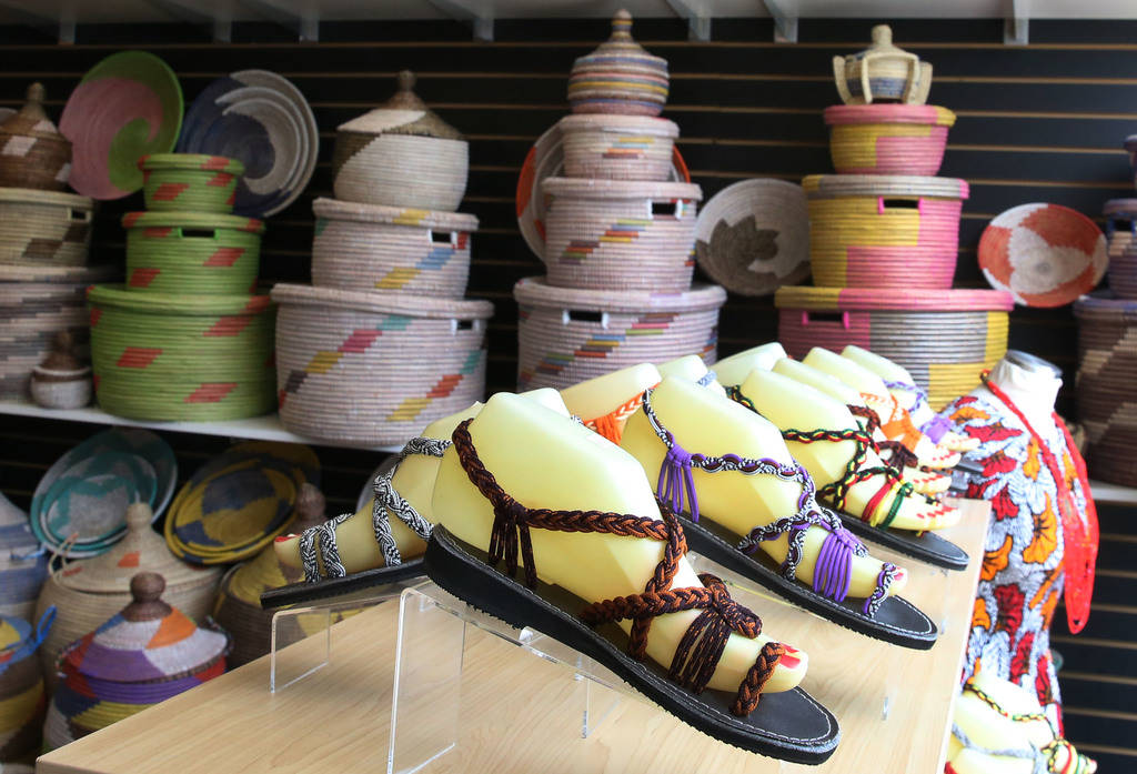Traditional African shoes and baskets are displayed at Africa Love, gift and decor store, at Town Square on Friday, Feb. 15, 2019, in Las Vegas. (Bizuayehu Tesfaye/Las Vegas Review-Journal) @bizut ...