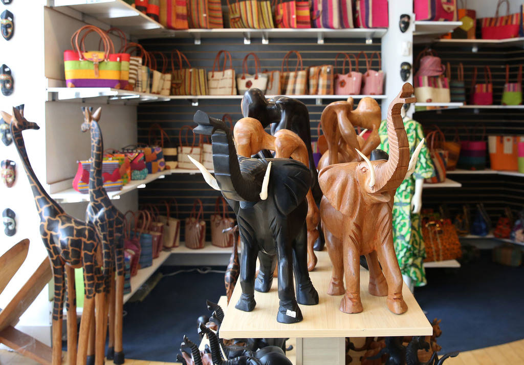 African sculptures and hand bags are displayed at Africa Love, gift and decor store, at Town Square on Friday, Feb. 15, 2019, in Las Vegas. (Bizuayehu Tesfaye/Las Vegas Review-Journal) @bizutesfaye