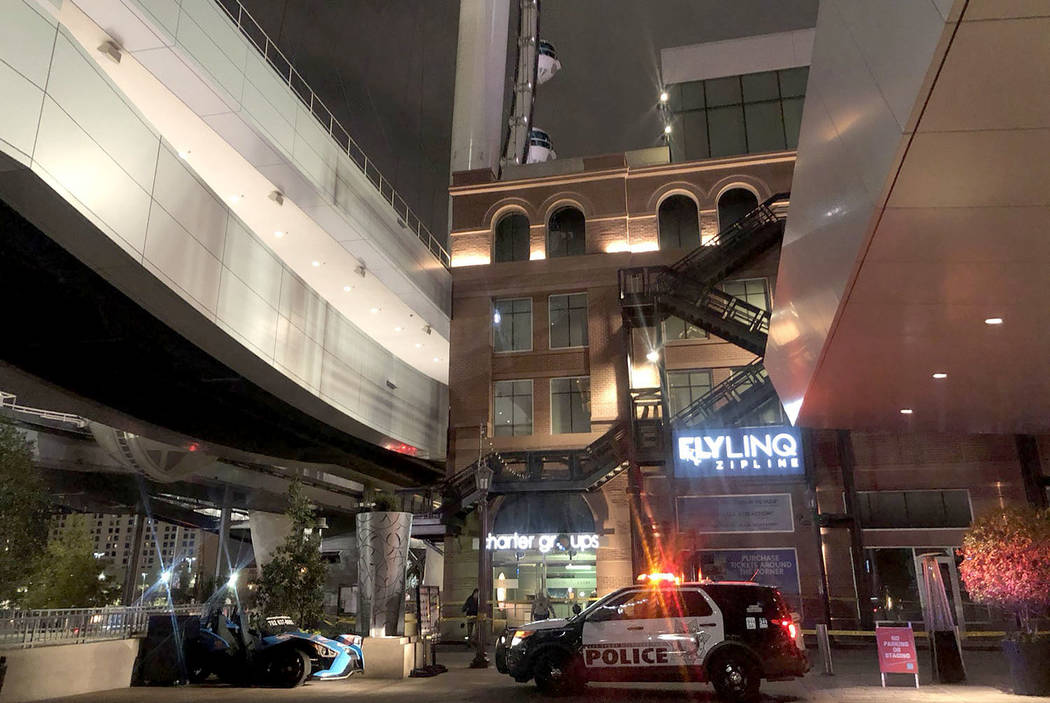 Las Vegas police investigate after a person died after falling down stairs at the High Roller on the Las Vegas Strip on Friday, Feb. 15, 2019. (Katelyn Newberg/Las Vegas Review-Journal)