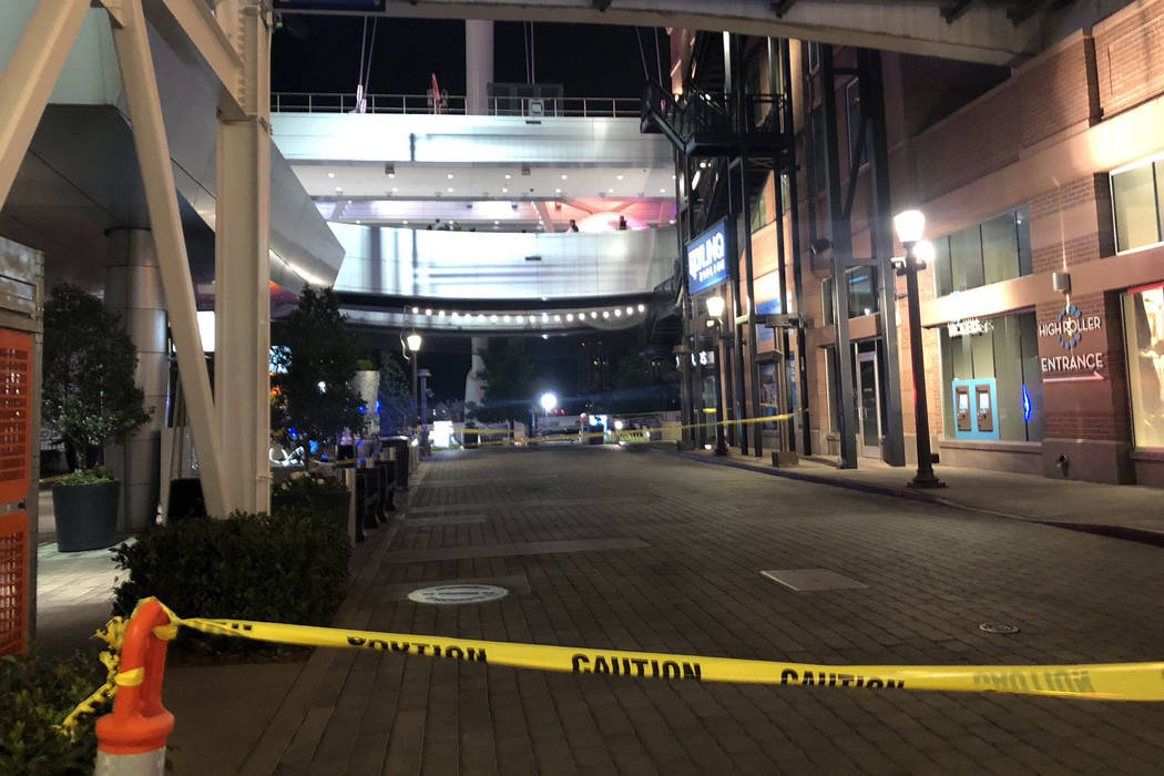 Las Vegas police investigate after a person died after falling down stairs at the High Roller on the Las Vegas Strip on Friday, Feb. 15, 2019. (Katelyn Newberg/Las Vegas Review-Journal)