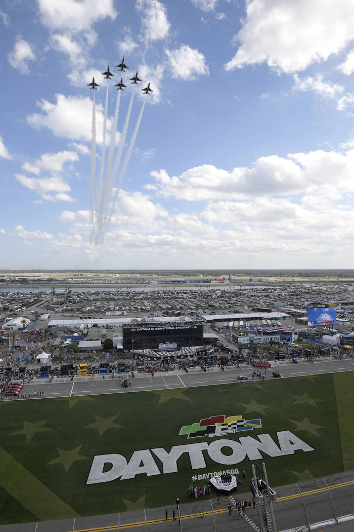 The U.S. Air Force Thunderbirds perform a flyover during the singing of the national anthem before a NASCAR Daytona 500 auto race at Daytona International Speedway, Sunday, Feb. 17, 2019, in Dayto ...