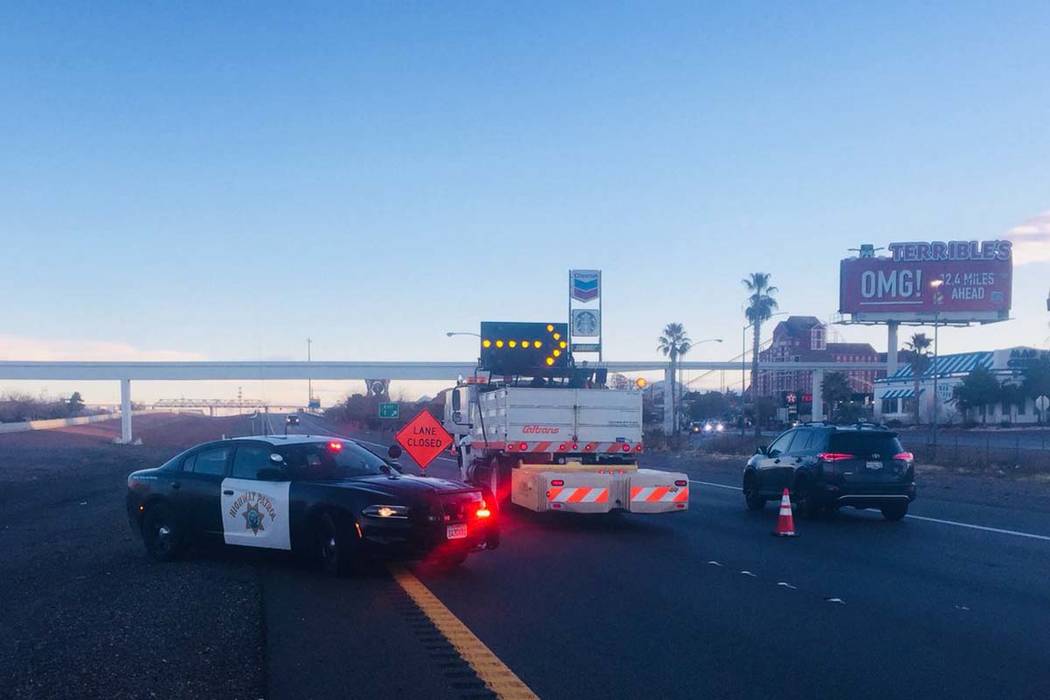 Nevada Highway Patrol blocks Interstate 15 at Primm at the California state line, which is closed due to icy roadway conditions, Monday, Feb. 18, 2019. (CHP Barstow/Twitter)