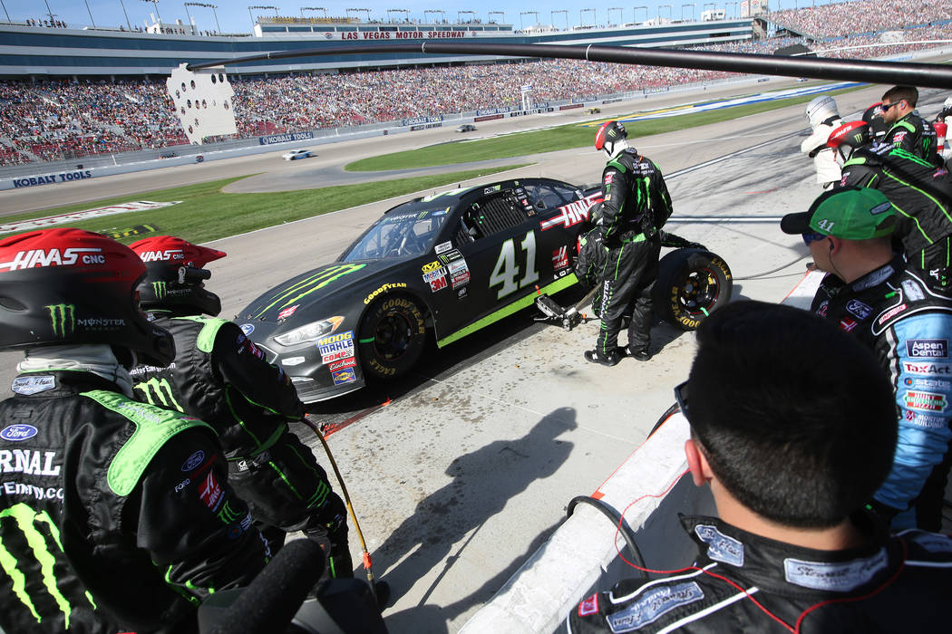 Kurt Busch (41) makes his way into pit row during the Monster Energy NASCAR Cup Series Kobalt 400 auto race at Las Vegas Motor Speedway in Las Vegas on Sunday, March 12, 2017. (Bridget Bennett/Las ...