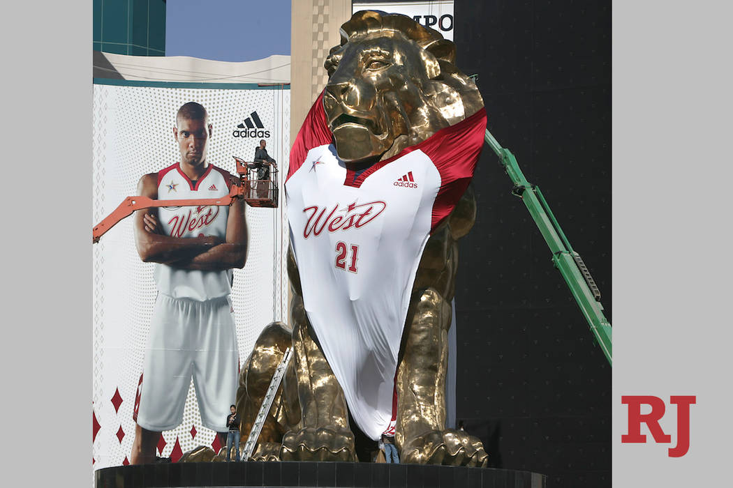The MGM Grand outfitted the lion over their entrance in the newly designed NBA Western Conference jersey. The promotional event is part of the NBA Allstar Game in Las Vegas on Feb. 18, 2007. (John ...
