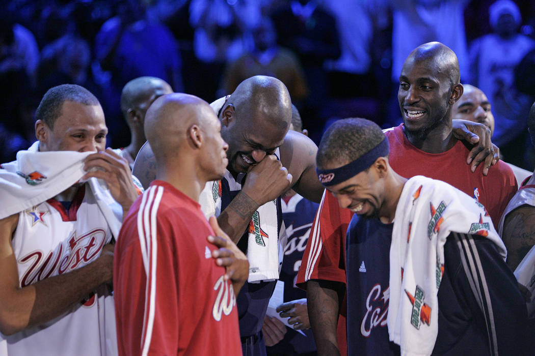 Shaquille O'Neal, center, laughs with other players after the finish of the NBA All-Star game at the Thomas & Mack Center in Las Vegas Sunday, Feb. 18, 2007. (John Locher/Las Vegas Review-Journal)