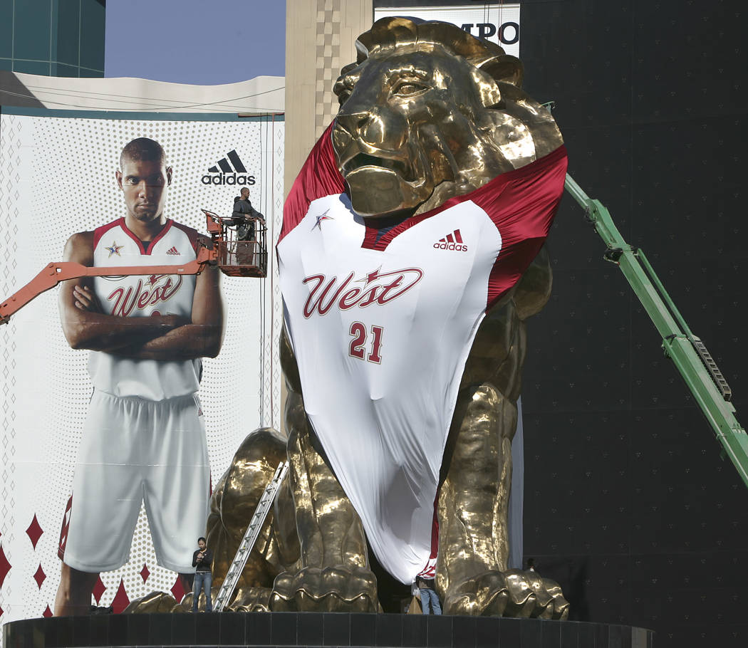 The MGM Grand hotel-casino outfitted the lion over their entrance in the newly designed NBA Western Conference jersey. The promotional event is part of the NBA Allstar Game in Las Vegas on Feb. 18 ...