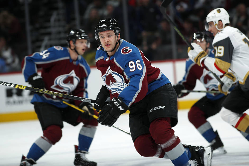 Colorado Avalanche right wing Mikko Rantanen (96) celebrates a goal against  the Vegas Golden Kn …