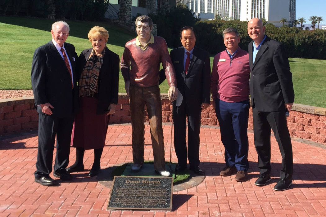 On hand (l to r) for the unveiling of a Dean Martin statue at the private Las Vegas Country Club were former Las Vegas Mayor Oscar Goodman, current Mayor Carolyn Goodman, club president Baik Lee, ...