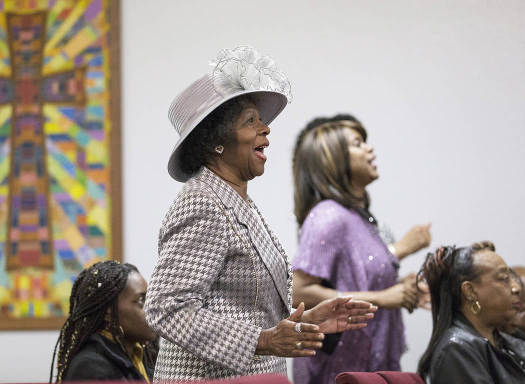 Barbara Addison, left, sings during the Fordyce Club's annual Founders Day Celebration on Sunday, Feb. 17, 2019, at New Revelations Baptist Church, in Las Vegas. (Benjamin Hager Review-Journal) @B ...