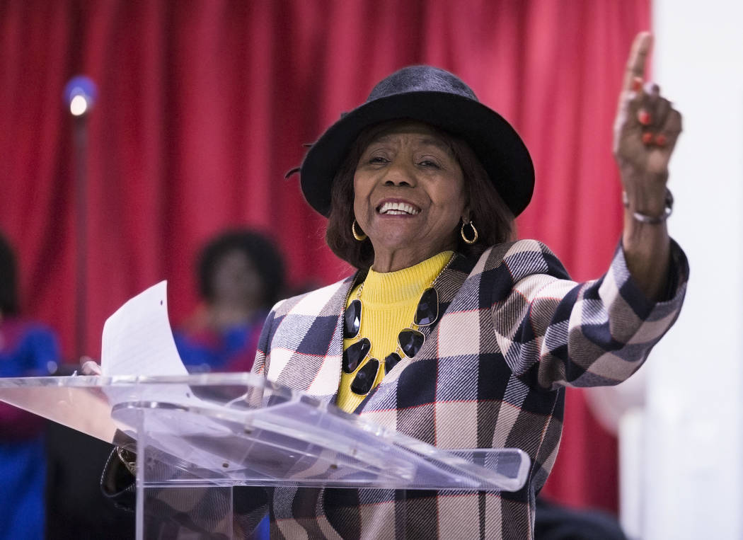 Inez Harper addresses members of the Fordyce Club during their annual Founders Day Celebration on Sunday, Feb. 17, 2019, at New Revelations Baptist Church, in Las Vegas. (Benjamin Hager Review-Jo ...