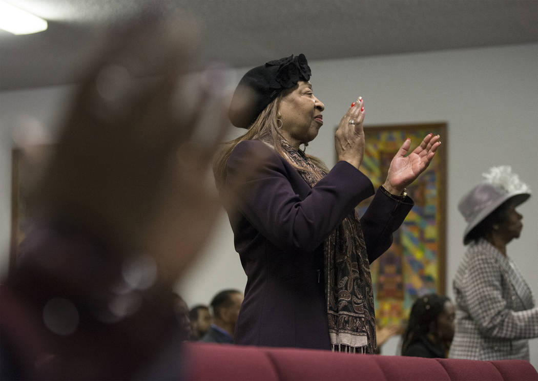 Members of the Fordyce Club sing during their annual Founders Day Celebration on Sunday, Feb. 17, 2019, at New Revelations Baptist Church, in Las Vegas. (Benjamin Hager Review-Journal) @BenjaminHphoto