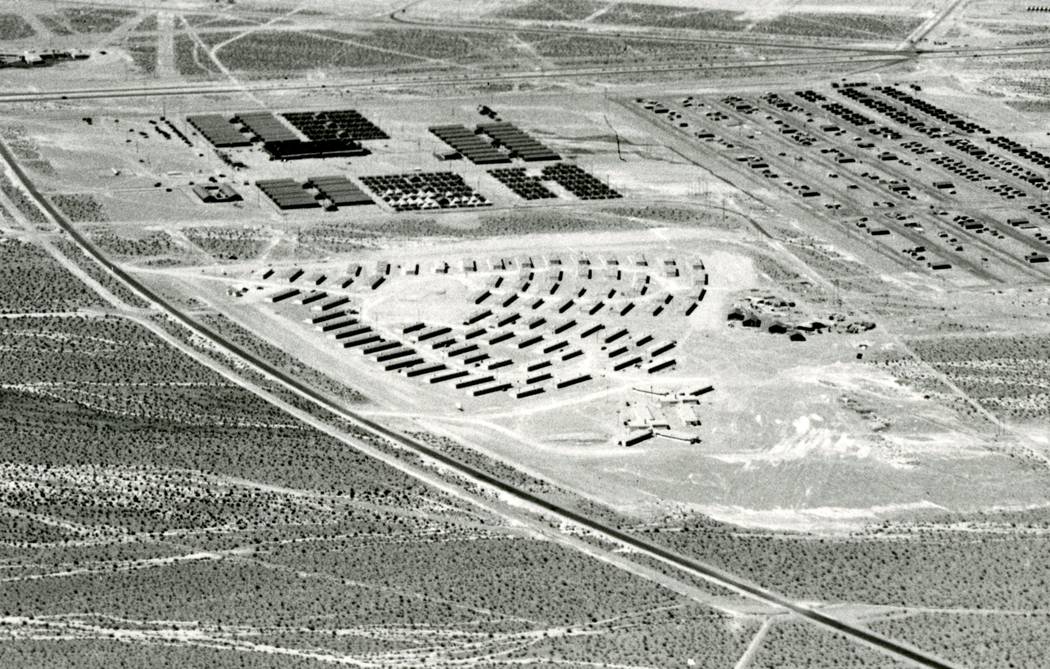 Aerial View of Carver Park in 1943 at about the time of its completion. Note the Boulder Hwy at top and Lake Mead Drive on the left, running diagonally south to north. (Clark County Museum)