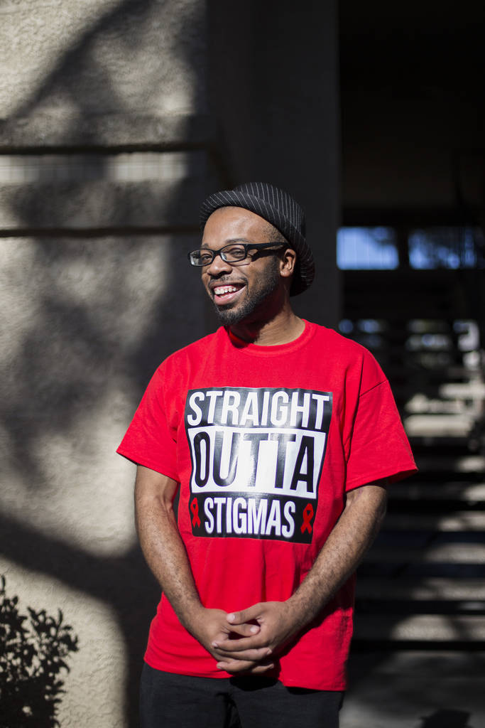 Comedian Brandon Cox Sanford outside his home in Henderson, Tuesday, Feb. 19, 2019. Cox Sanford was born with HIV and brings it up in his standup sets to destigmatize the virus. (Rachel Aston/Las ...